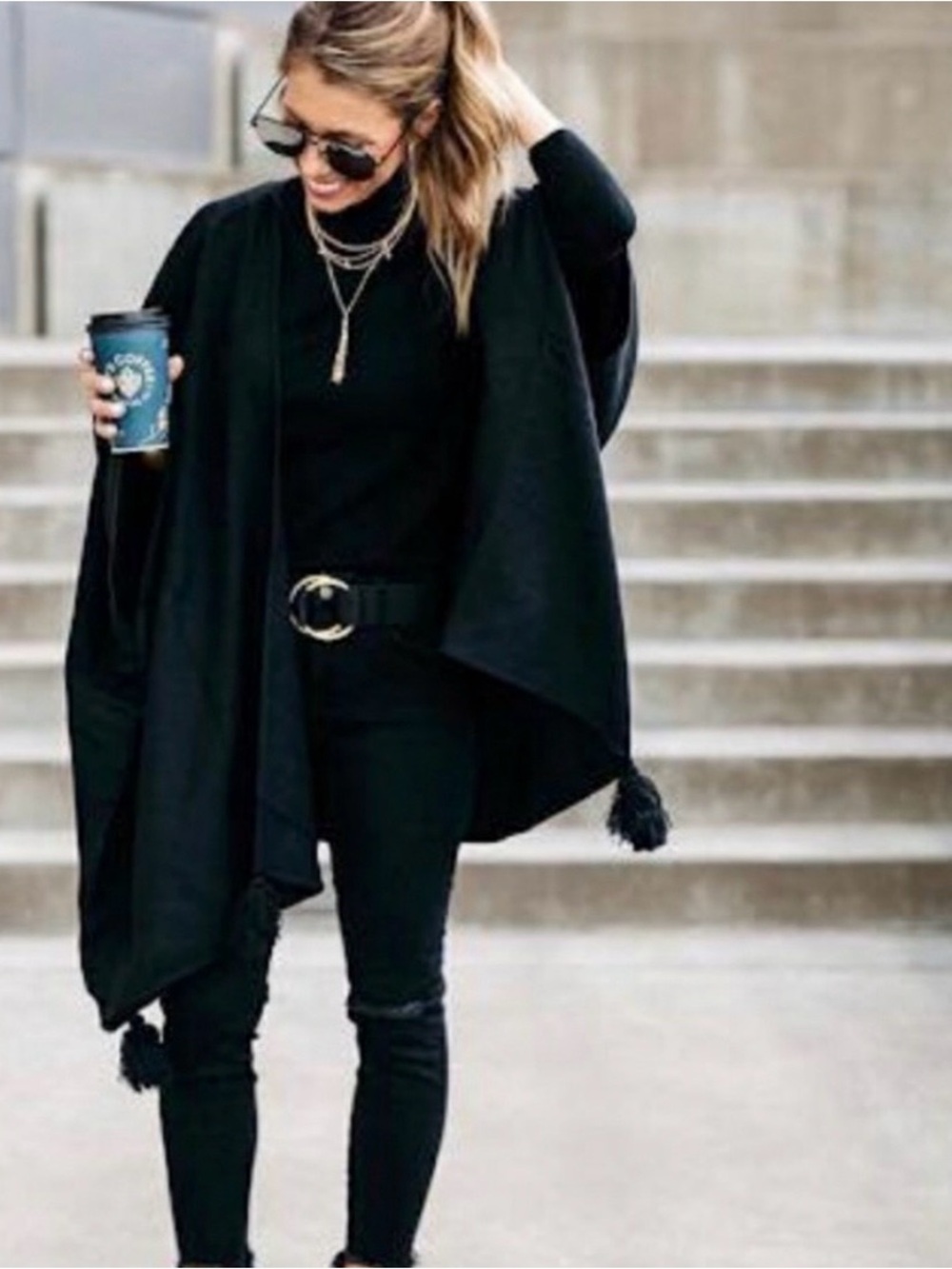 Cleobella Black Tassel-Trim Poncho Sweater Sevigny capelet nwot